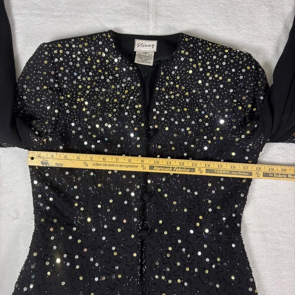 Stenay Sequin Beaded Jacket Womens 6 Black Gold Silver Evening Formal Vintage